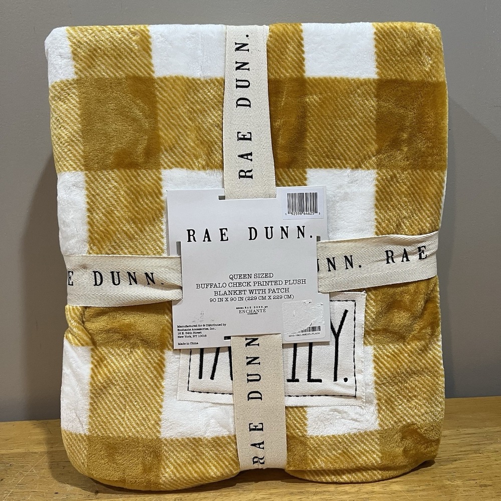 Rae Dunn Yellow Gold Buffalo Check Queen Plush Blanket "Family" Patch 90x90"